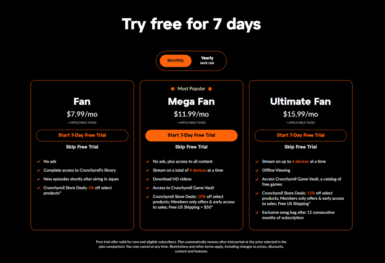 Crunchyroll免费试用第一步：访问官网选择套餐