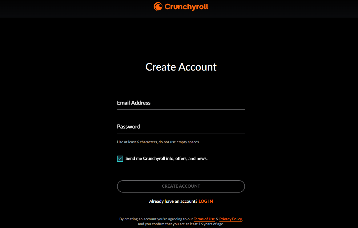 Crunchyroll免费试用第二步：创建账户并登录
