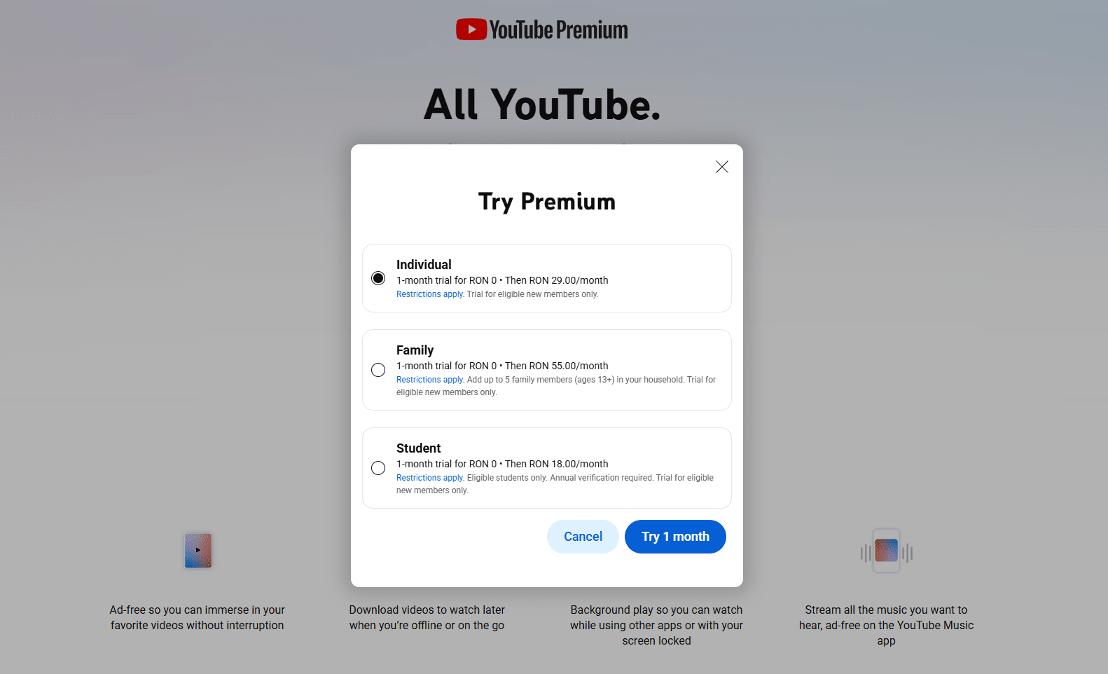 YouTube Premium订阅计划选择页面