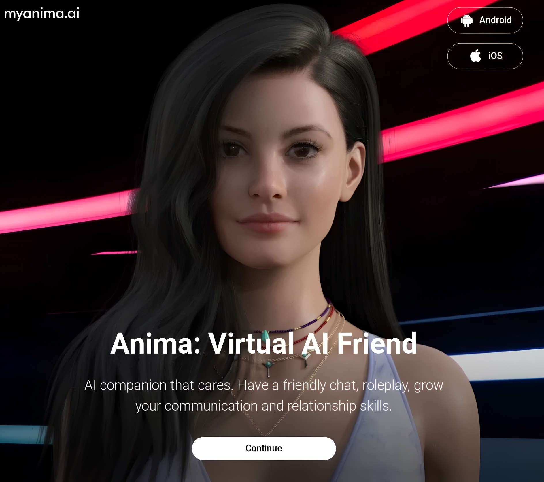Anima AI界面截图，展示虚拟伴侣应用的功能