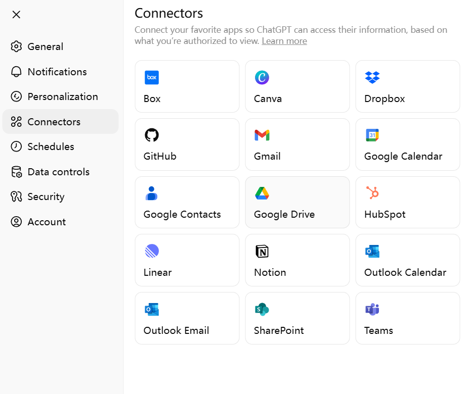 ChatGPT-5应用程序集成连接界面