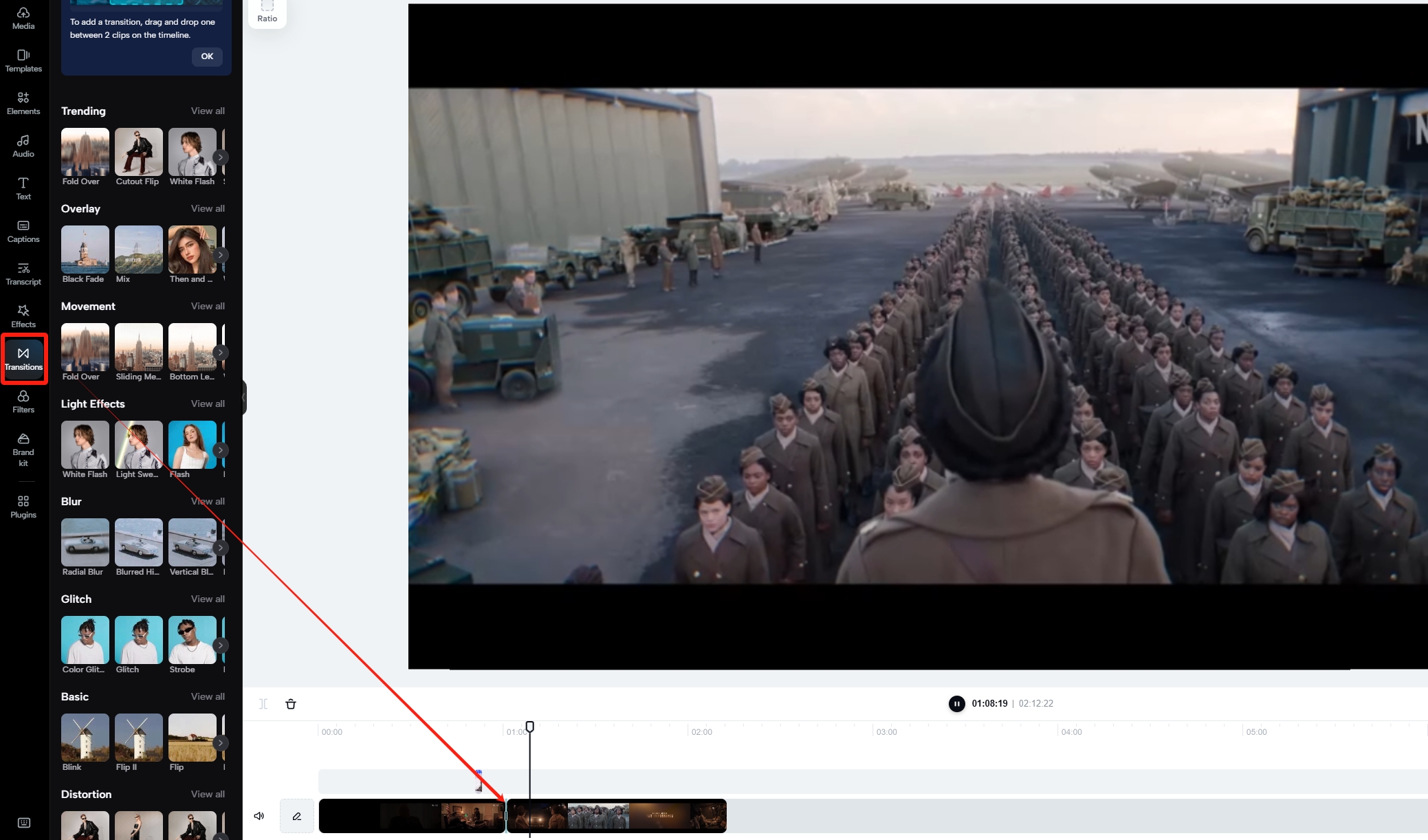 CapCut添加转场效果操作界面截图