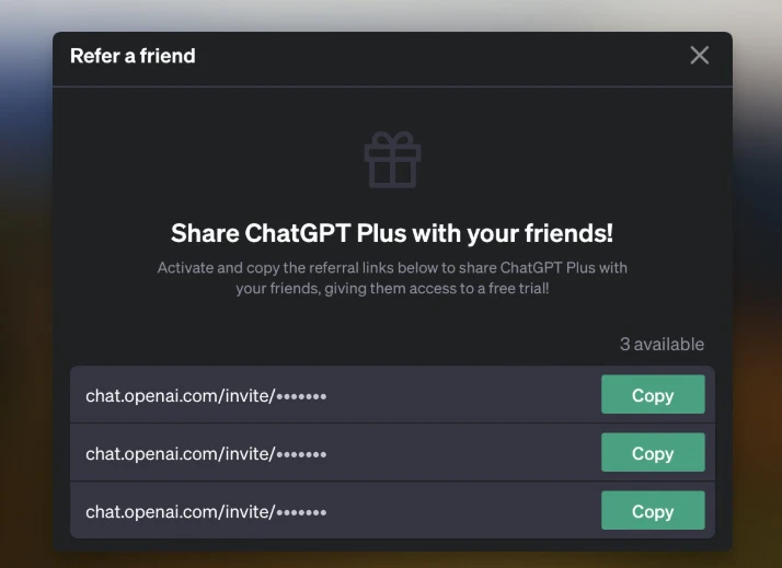 ChatGPT Plus免费试用邀请界面