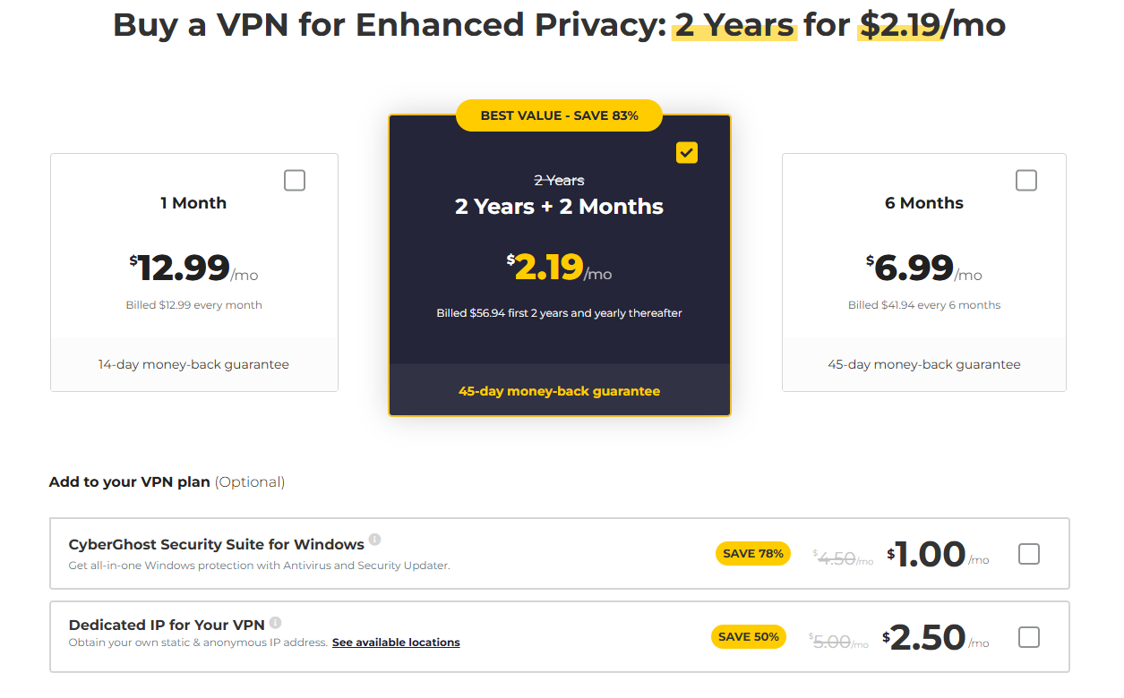 CyberGhost长期套餐价格