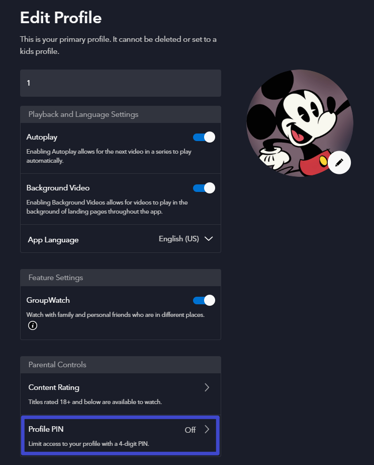 Disney Plus 个人资料PIN密码设置步骤