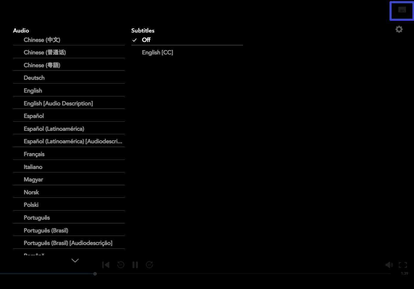 Disney Plus 字幕设置界面演示