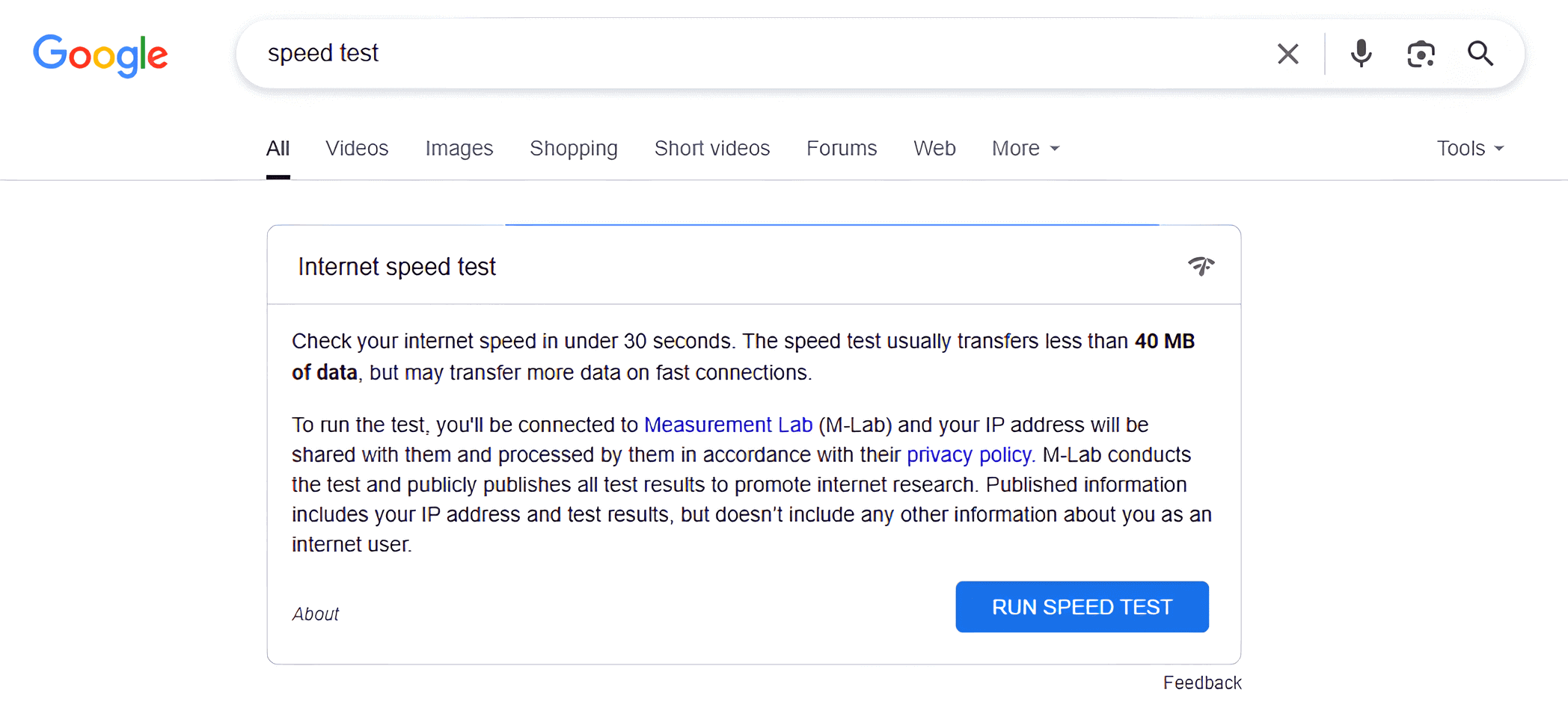 Google网速测试工具界面