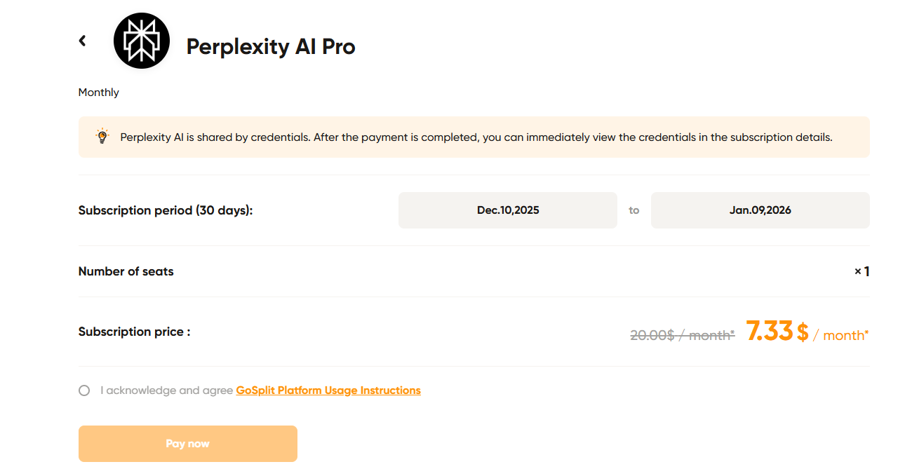 GoSplit平台上的Perplexity Pro订阅价格展示