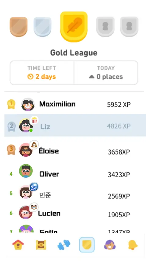 Duolingo 联赛进度展示 从青铜级到黄金级的晋升过程