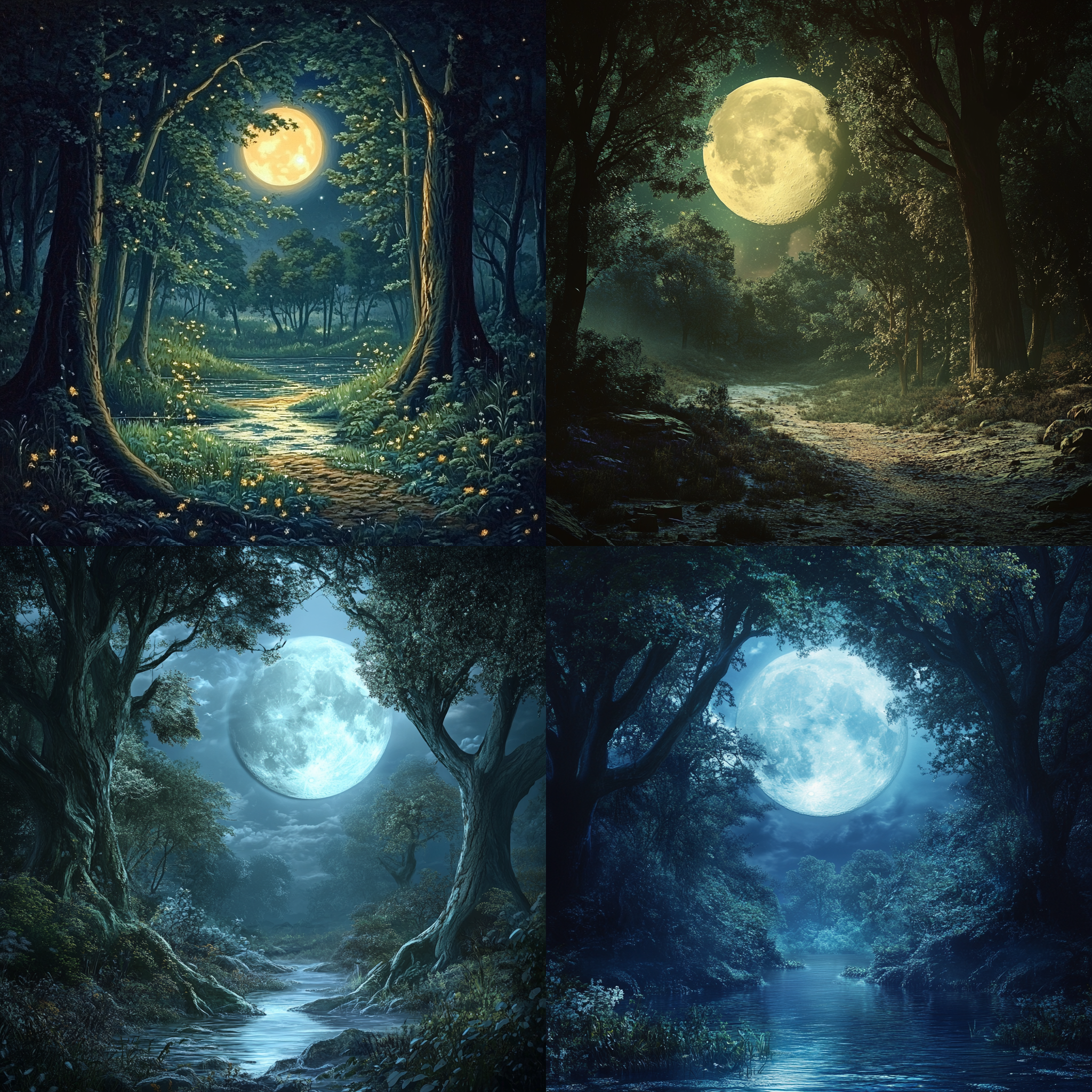 Midjourney魔法森林场景 - 满月下的AI艺术作品