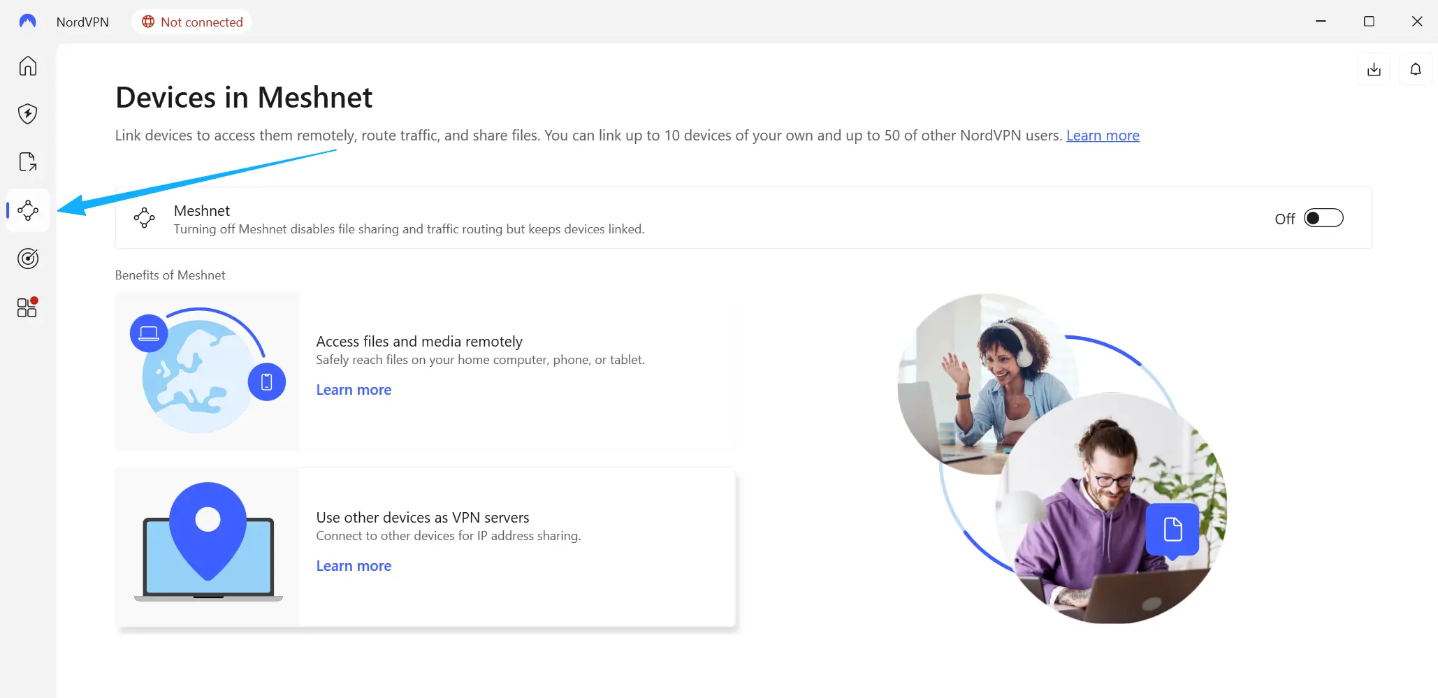 NordVPN Meshnet功能图标位置