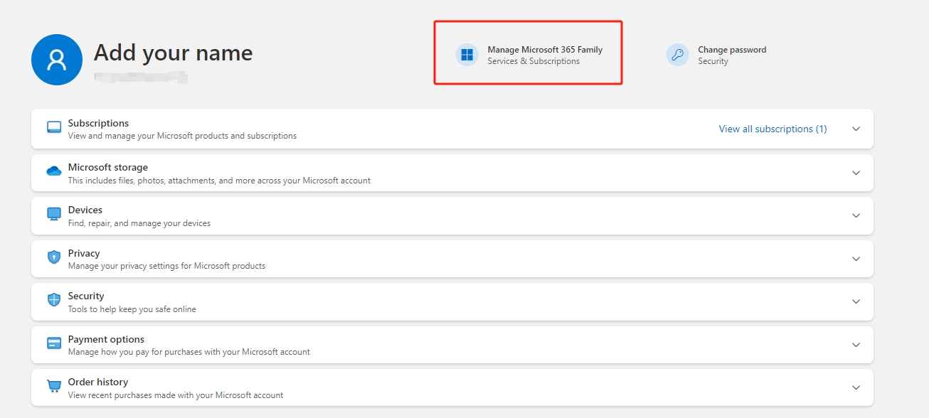 Office 365 订阅管理页面