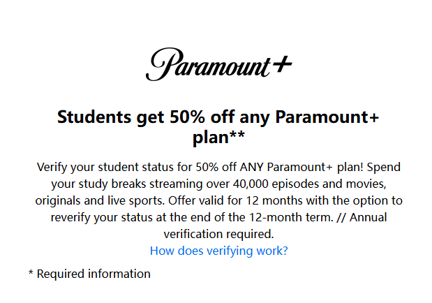 Paramount Plus学生折扣优惠