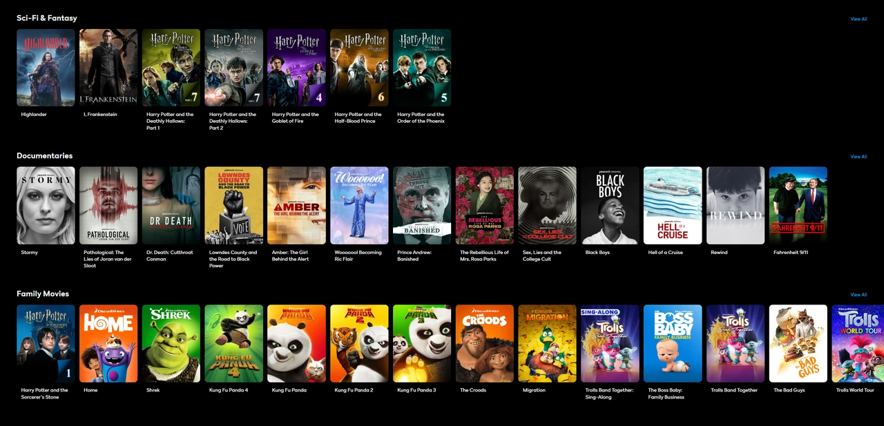 Peacock平台上的环球影业和梦工厂电影库，包含最新大片和经典影片