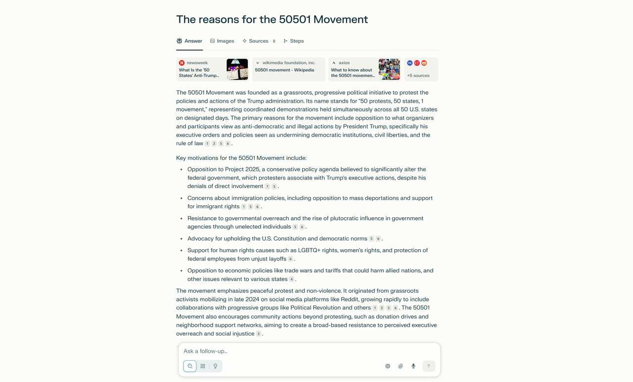 Perplexity AI关于50501运动的回答