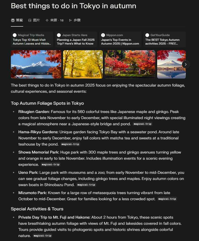 Perplexity AI 东京旅行建议查询