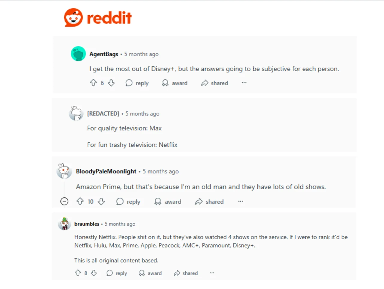 Reddit论坛上关于流媒体服务的用户讨论
