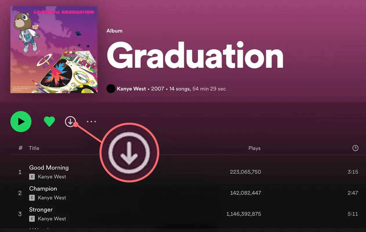 Spotify下载界面，显示如何下载音乐以离线收听