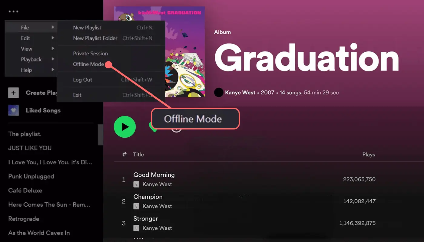 Spotify离线模式设置界面，展示如何在桌面端启用离线播放功能