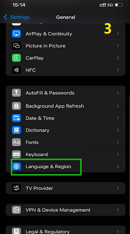 iOS语言和地区设置界面