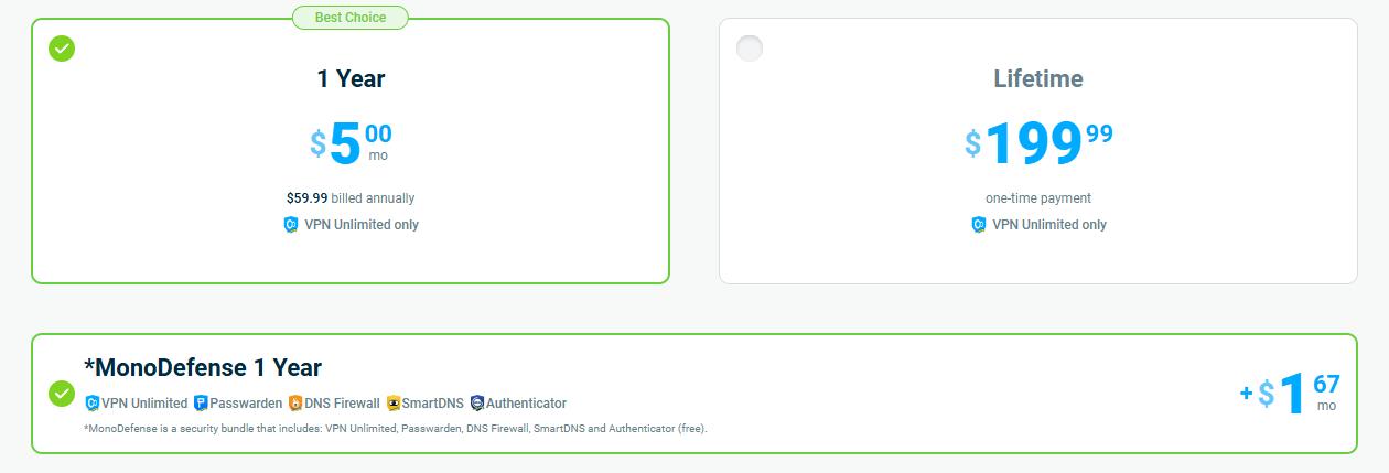VPN Unlimited价格方案对比