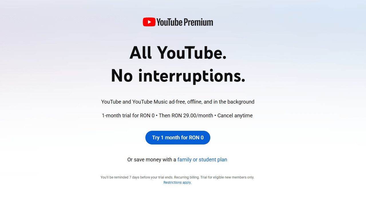 YouTube Premium免费试用页面